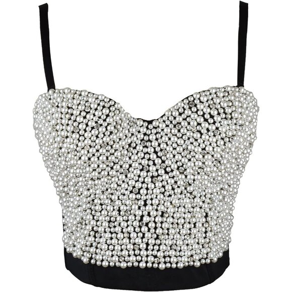 Women Black Floral Bustier Crop Top Sexy White Corset Top by Ellacci - Picture 7 of 8